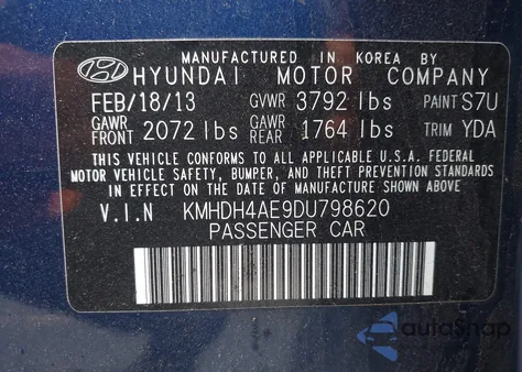 2013 Hyundai Elantra Gls from USA, damaged, VIN KMHDH4AE9DU798620